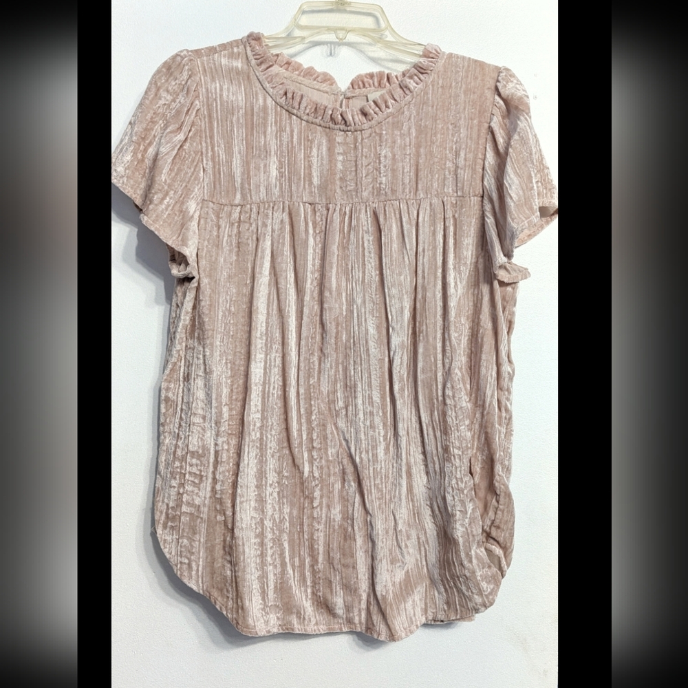 Loft Blush Crushed Velvet Ruffle Blouse Size L